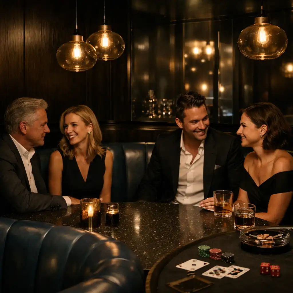 Petrolkék lounge-ülések és beszélgető vendégek egy meleg fényű Selqavin esti térben.