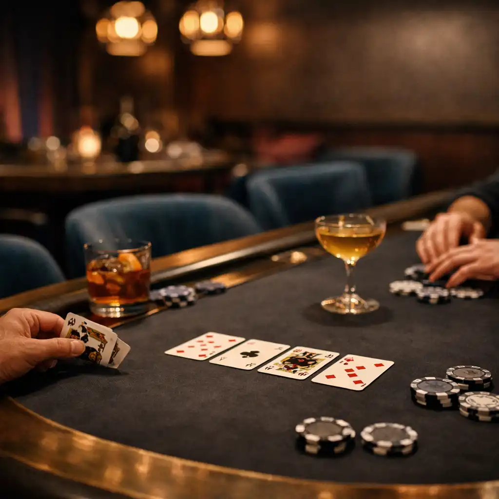 Közeli nézet a Selqavin Poker Lounge sötét asztaláról, italokkal és társasági kellékekkel