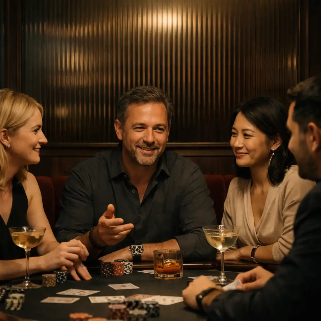 Vendégek beszélgetnek koktélok mellett egy intim Selqavin pokerasztal körül.