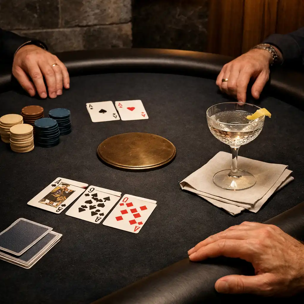 Kártyák, dekoratív zsetonok és koktél egy meleg fényű Selqavin pokerasztalon.