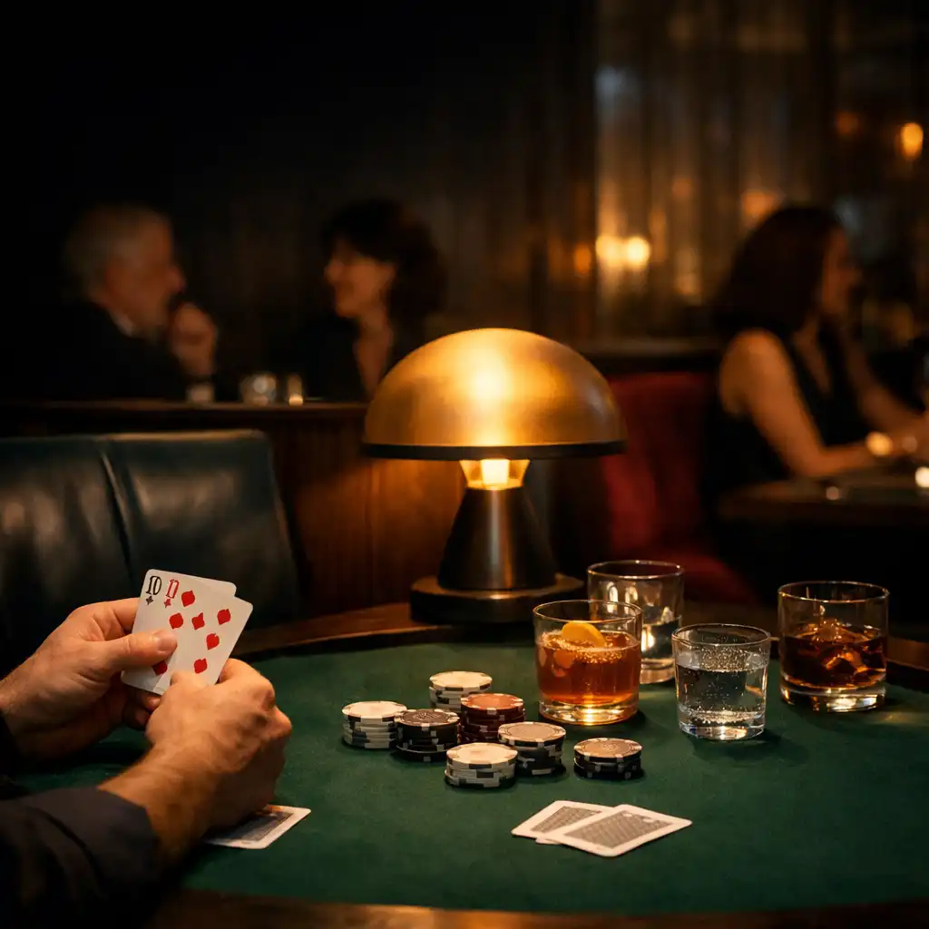 Kártyák, kezek és italok egy meleg fényű Selqavin pokerasztal körül.