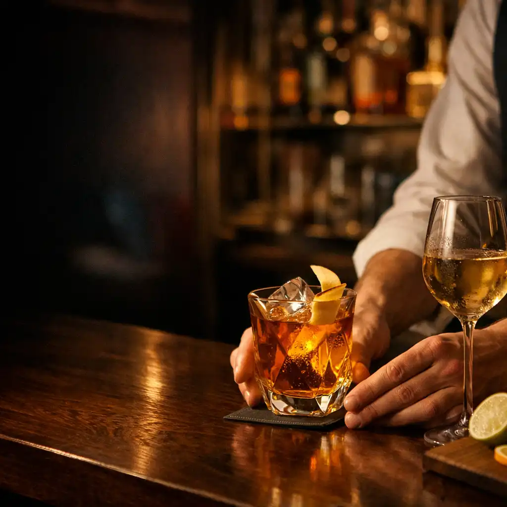 Bartender kezei borospohár és borostyánszínű koktél mellett egy sötét fa bárpulton